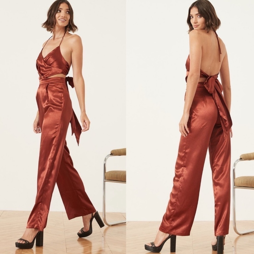 Revolve LPA Copper Satin Quinn Jumpsuit Halter Neck Tie Back Medium NWT